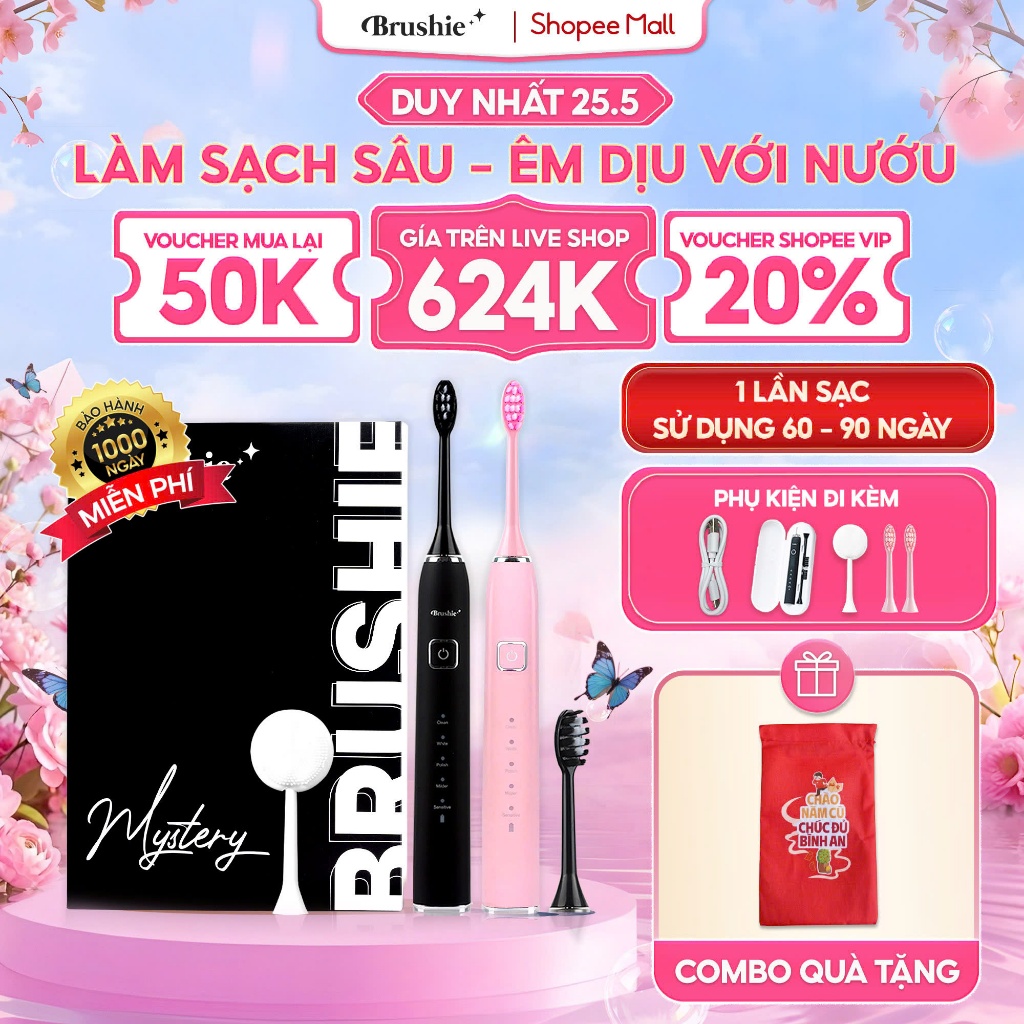 Bàn Chải Điện Brushie - Bàn Chải Điện Xoay Tròn, 3 Mô Hình Làm Sạch, Đen, Hồng, Xanh