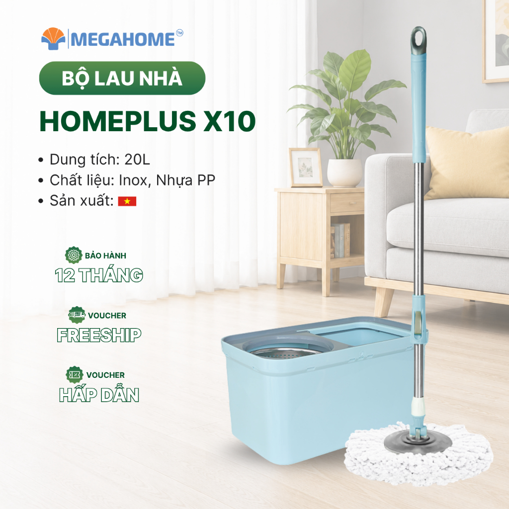Bộ Lau Nhà Homeplus X10 Megahome, dung tích 20l, lồng vắt inox, xoay 360 độ, cây lau siêu nhẹ