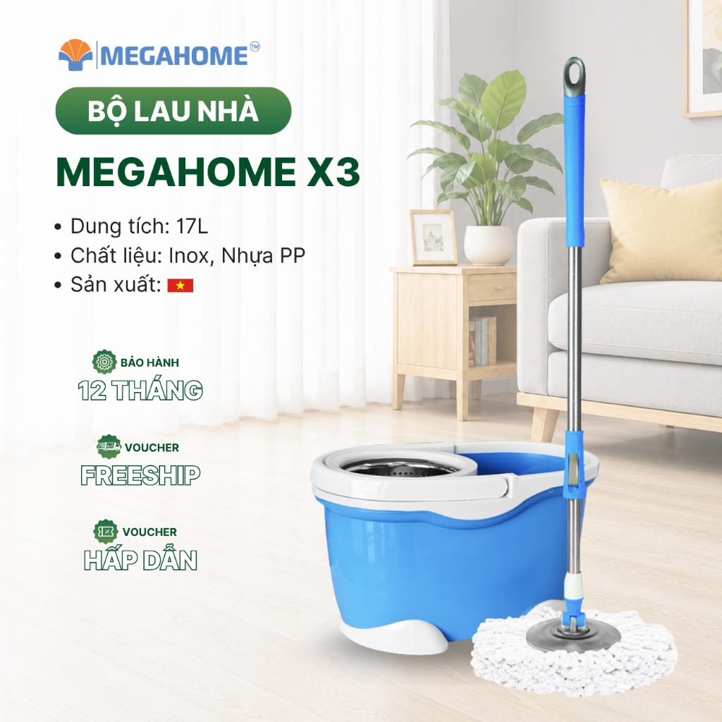 Bộ Lau Nhà Megahome X3 mâm lau inox cây lau 360 độ