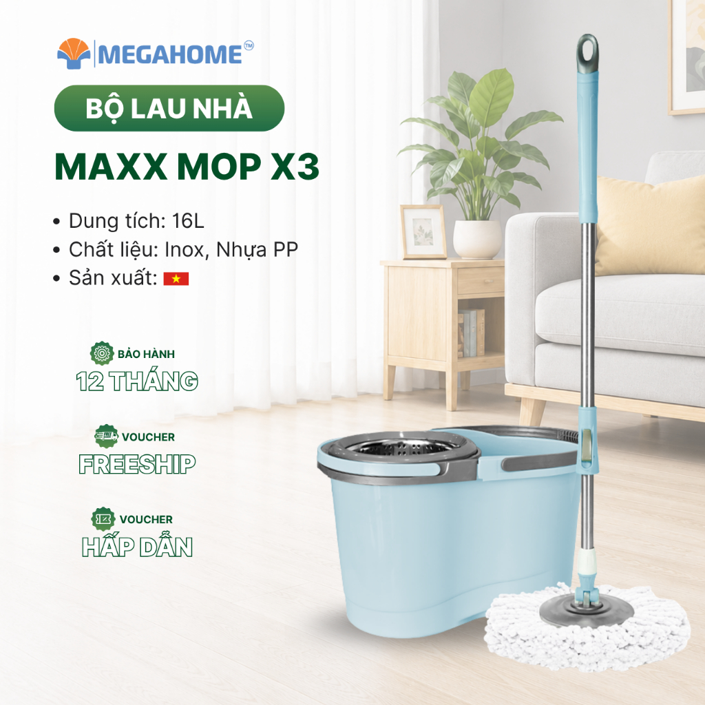 Bộ Lau Nhà Maxx Mop X3 Megahome, dung tích 6l, lồng vắt nhựa, xoay 360 độ