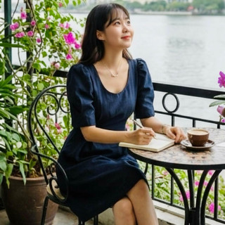 Đầm xanh đen cổ tròn thắt nơ mặc đi chơi đi làm đều xinh (kèm hình thật)