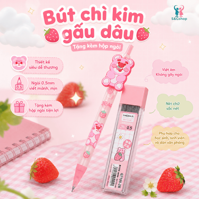 Kèm Hộp ngòi - Bút chì bấm gấu dâu Lotso 2B, bút chì kim ngòi 0.5mm cute