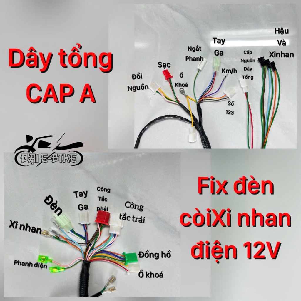 Bộ Dây Tổng Sườn Xe Đạp Điện Cap A Đấu Sẵn Giắc Cắm Cho IC Votol Có Đổi Nguồn 12V Votol Đầy Đủ Chức 