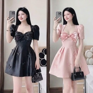 Thời Trang Nữ Đầm Váy Thiết Kế Vải Tafta Đính Nơ Tay Phồng Dự Tiệc Bigsize 50 -95kg Dịp Tết Noel