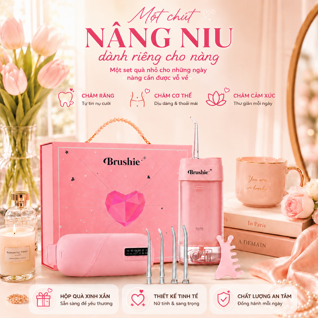 [GIÁ 813K LIVE SHOP] Set Quà Tặng Tăm Nước Brushie Super Clean cho nữ, quà tặng Valentine bản cải ti