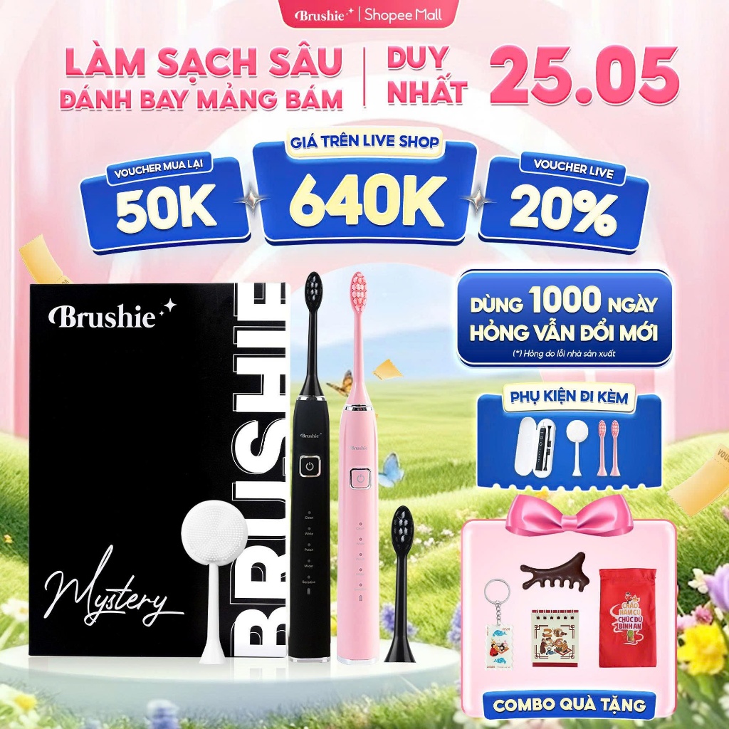[GIÁ 663K LIVE SHOP] Bàn Chải Điện Brushie Ultra Lông Mềm, Tích Hợp Máy Rửa Mặt, Làm Sạch Sâu An Toà