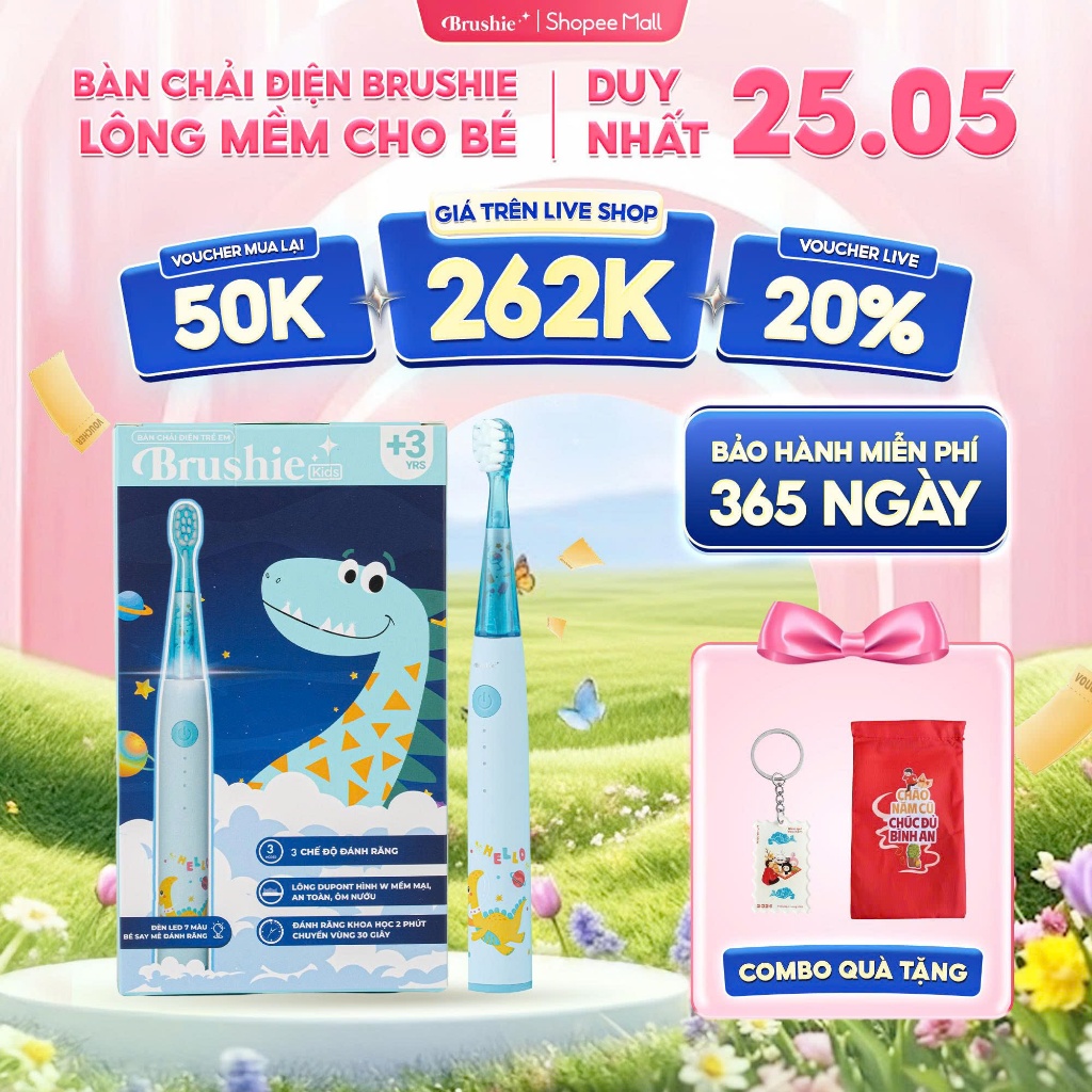Bàn chải điện Brushie Kids đầu lông bàn chải mềm mượt, 3 chế độ làm sạch răng hiệu quả, SVIP