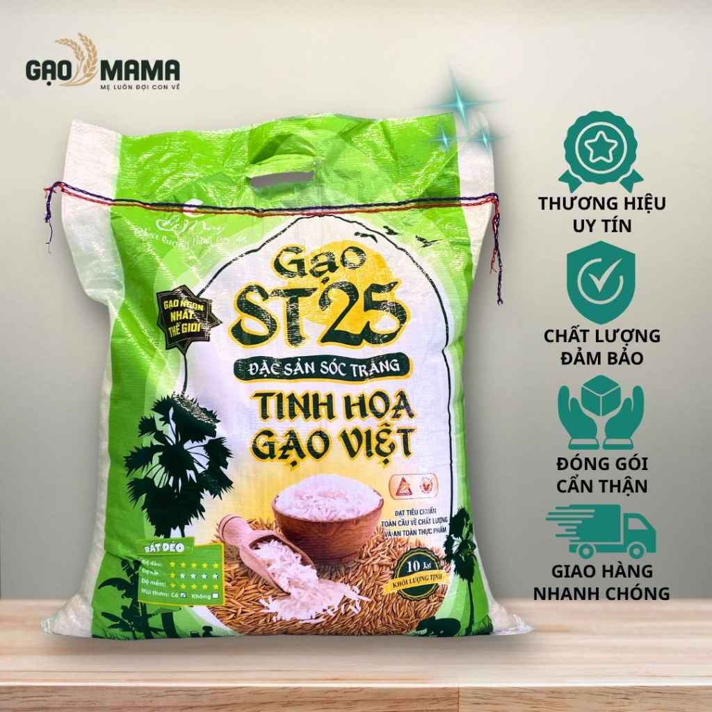 Gạo ST25 Sóc Trăng 10kg, Gạo ST25 Cỏ May, Thơm Mùi Lá Dứa, Cơm Mềm Dẻo Dai - Gạo MaMa