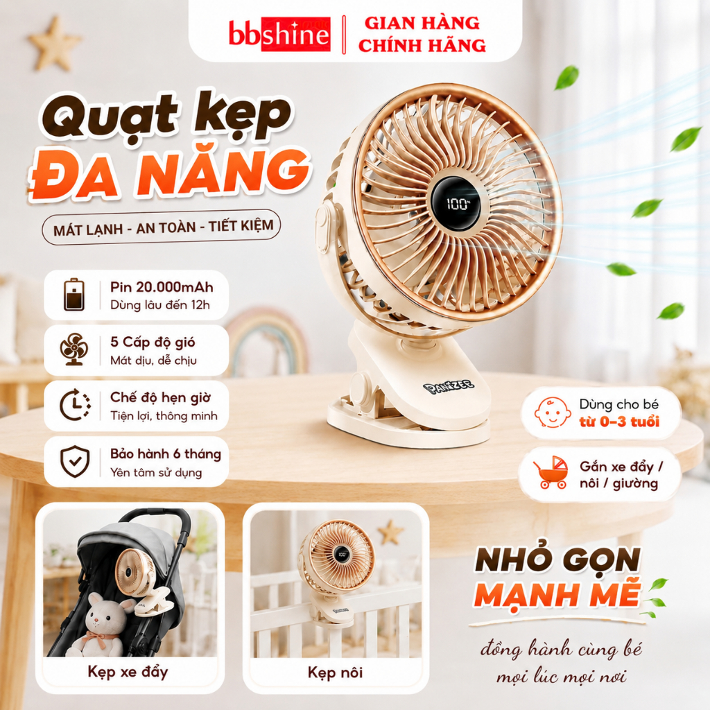 Quạt Tích Điện Mini Panzee Cao Cấp 20000mah Không Gây Tiếng Ồn Pin Cao BBShine – DT010