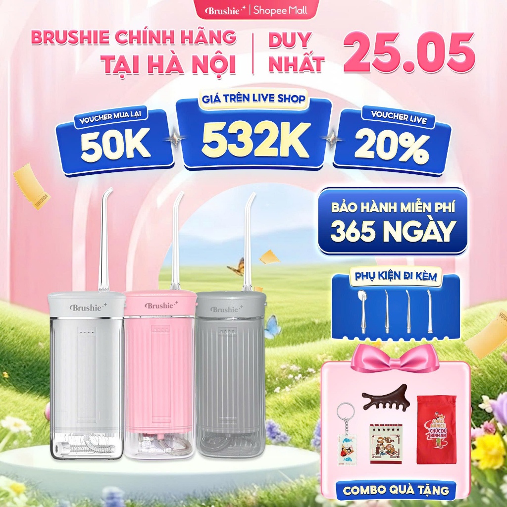 [GIÁ 654K TẠI LIVE SHOP] Tăm Nước Brushie Super Sonic Gấp Gọn Mini Du Lịch Chính Hãng Bảo Hành 1 Năm