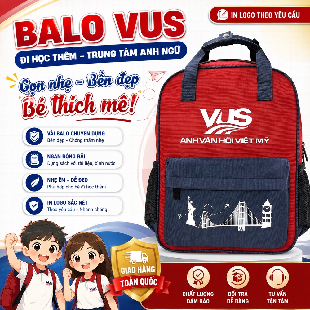 Balo Trung Tâm Ngoại Ngữ In Logo VUS - Balo Học Thêm Cho Bé, Balo Tiếng Anh - Màu Đỏ Đô Phối Xanh Đe