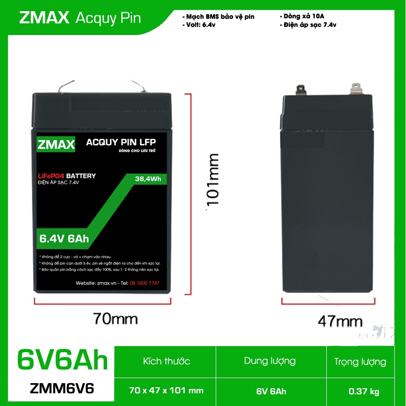Bình Acquy ZMax Pin Lithium LifePO4 6V 6Ah, ZMM6V6