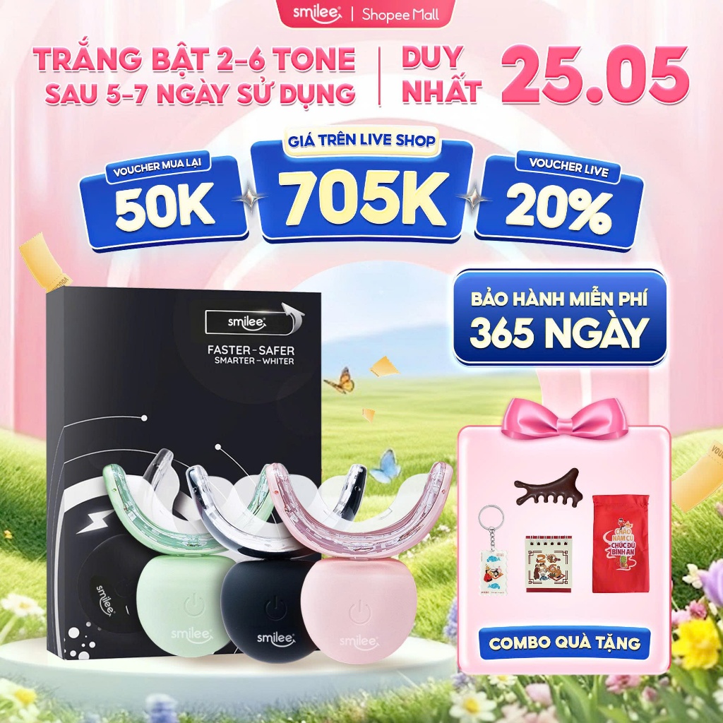[GIÁ 778K TẠI LIVE SHOP] Trắng răng Smilee Extra, bộ kit làm trắng răng từ 2-6 tone tại nhà, bộ quà 