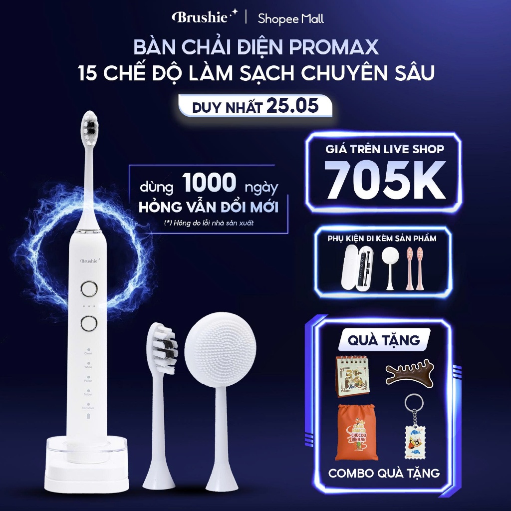 [GIÁ 637K LIVE ECOGO] Bàn chải điện Brushie Promax 15 chế độ làm sạch, set quà valentine tặng người 