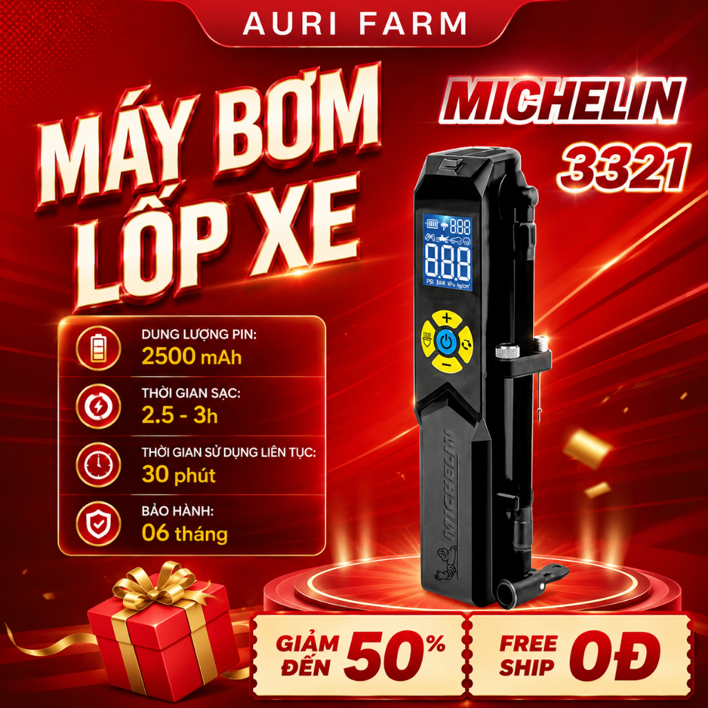 MÁY BƠM LỐP DÙNG PIN MICHELIN 3321 - Bơm cho xe ô tô - xe máy- Xe đạp - có chế độ tự ngắt
