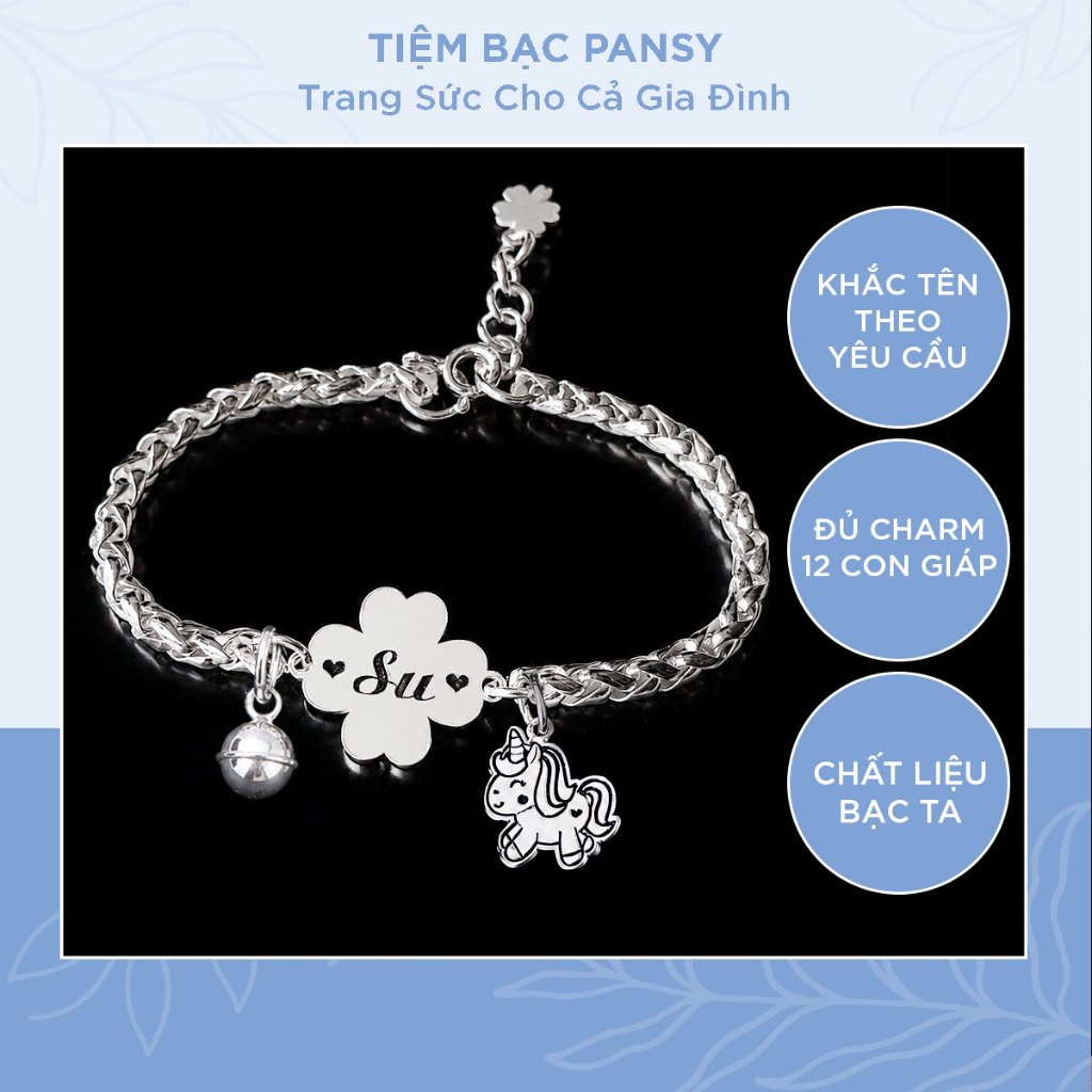 Vòng lắc bạc trẻ em PANSY mặt cỏ 4 lá khắc chữ theo yêu cầu