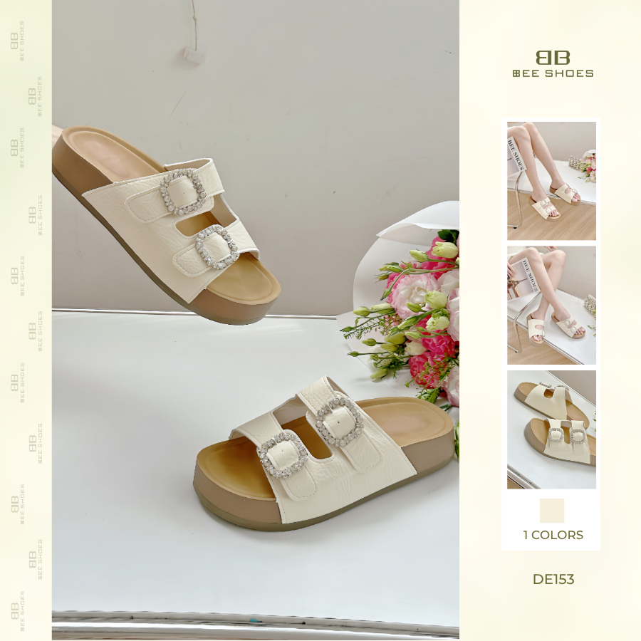 Dép nữ BEESHOES 2 quai ngang, mũi tròn đế bằng cao 3 phân sẵn màu kem DE153 (Form 1.5)