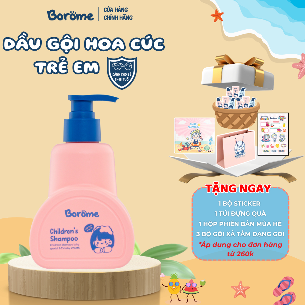 Dầu gội trẻ em Borome chiết xuất hoa cúc La Mã giúp tóc bé suôn mượt, chắc khỏe dung tích 335ml