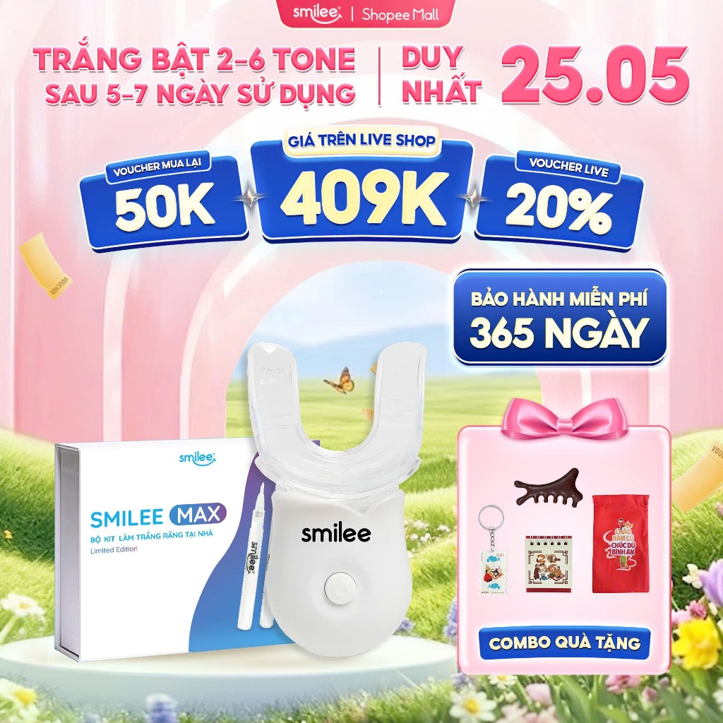 [450K TẠI LIVE SHOP] Trắng răng Smilee Max, bộ kit làm trắng răng từ 2 đến 6 tone sau 1 liệu trình an toàn răng nướu,LIS