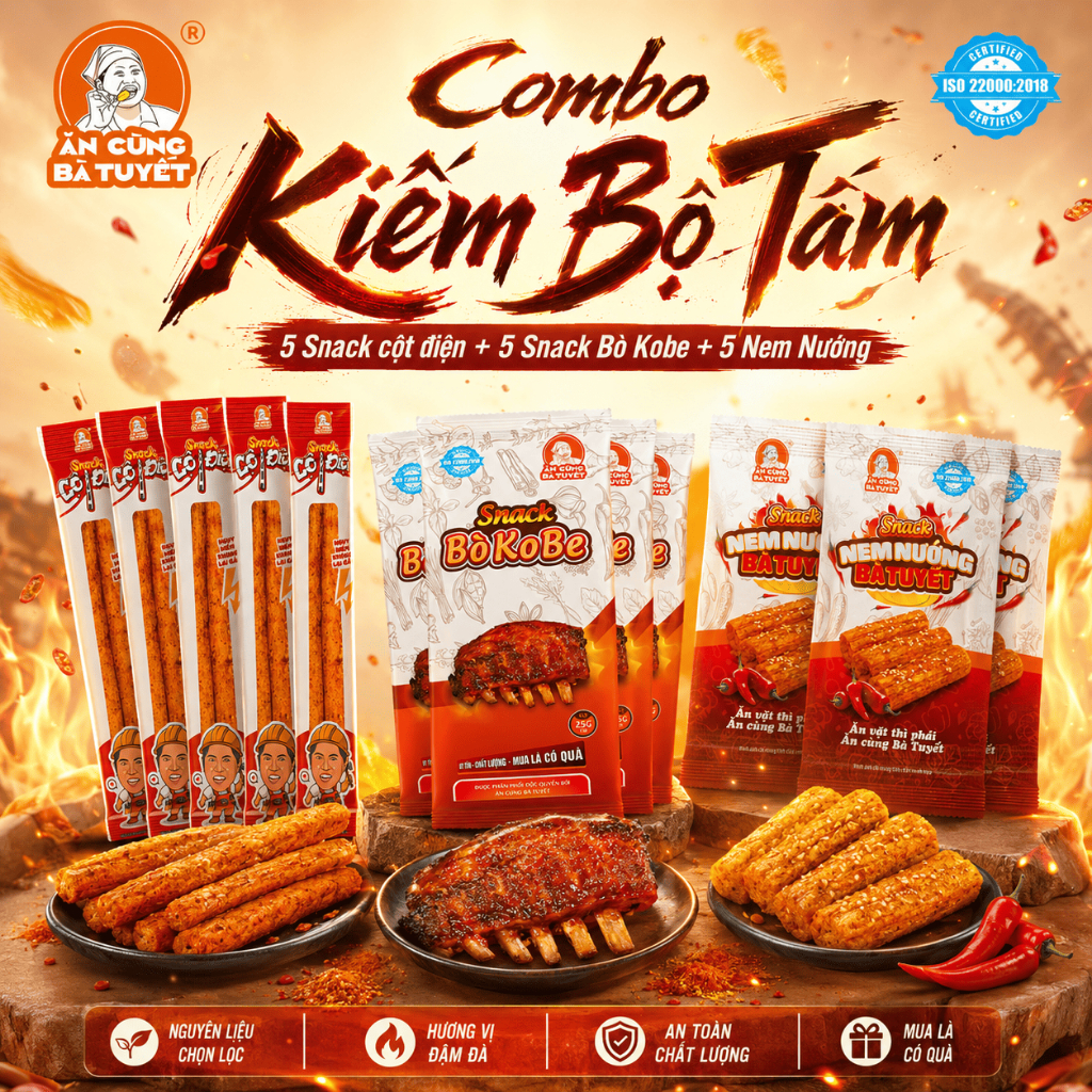 Combo: KIẾM BỘ TÁM gồm: 5 Snack cột điện + 5 Snack Bò Kobe + 5 Nem Nướng - ĂN CÙNG BÀ TUYẾT M6