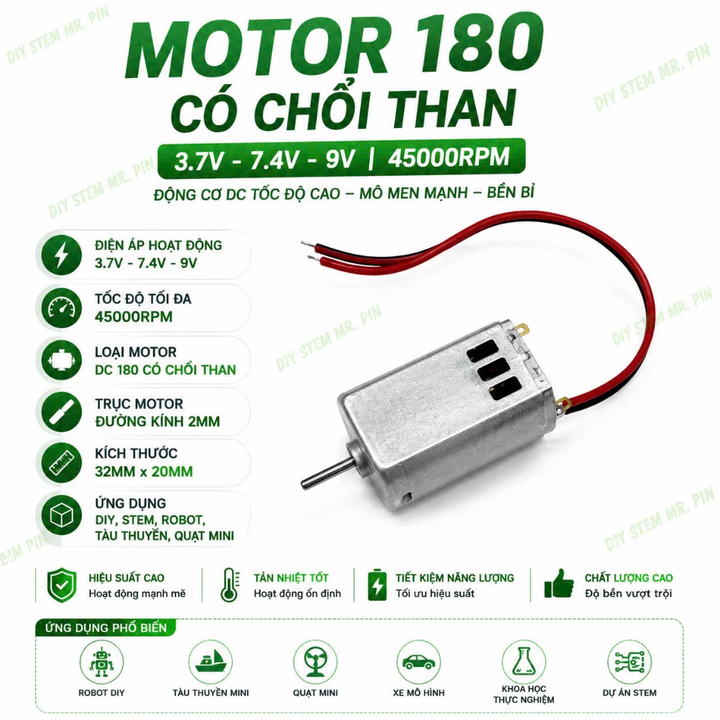 Động Cơ Motor 180 Hàn Sẵn Dây Có Chổi Than 45000RPM 3.7V 7.4V 9V Motor DC Siêu Khỏe DIY Robot STEM