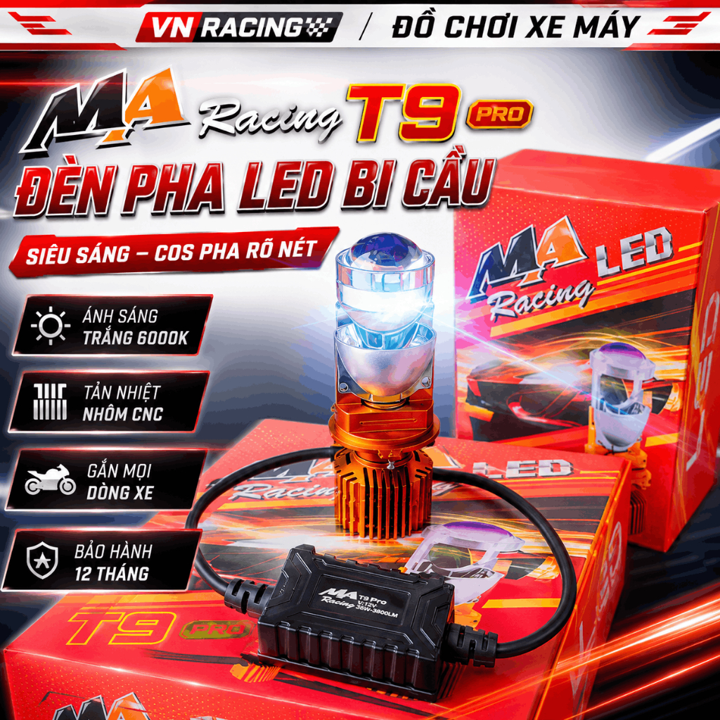 Đèn Pha Bi Led T9 Pro V2 MA Racing 2024 60W Nguồn 12V ánh sáng trắng lắp đèn pha xe máy