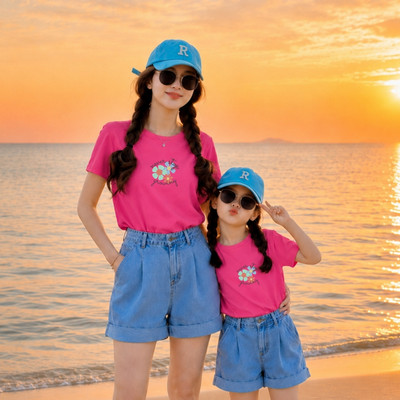 Áo đôi Loza mẹ và bé gái in hình hoa chất thun cotton co giãn 4 chiều mã G0178