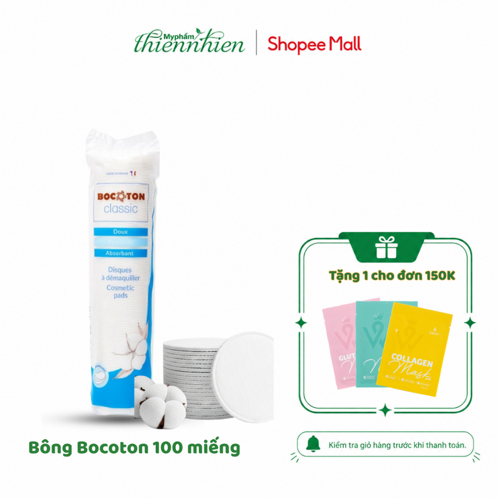Bông tẩy trang bocoton classic 100 miếng siêu thấm hút, mềm mại cho da