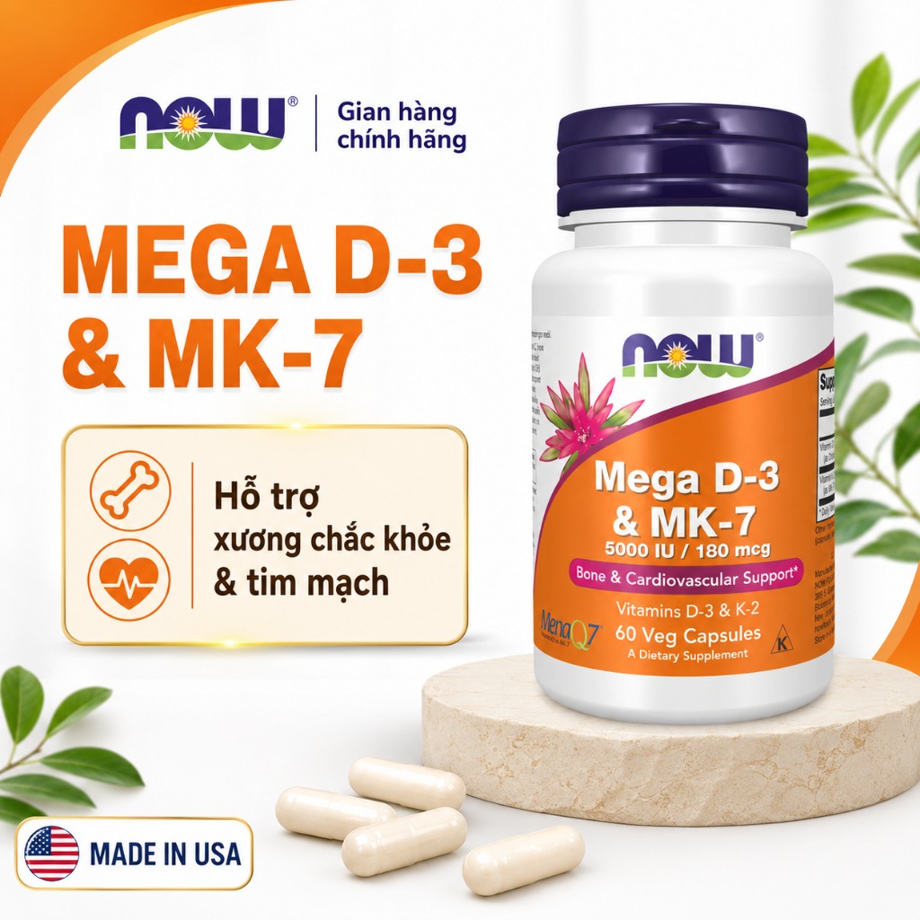 (đủ bill) Viên uống Vitamin Mega D3 K2 (MK7) Now 60 viên hỗ trợ xương, răng, tim mạch, tăng đề kháng