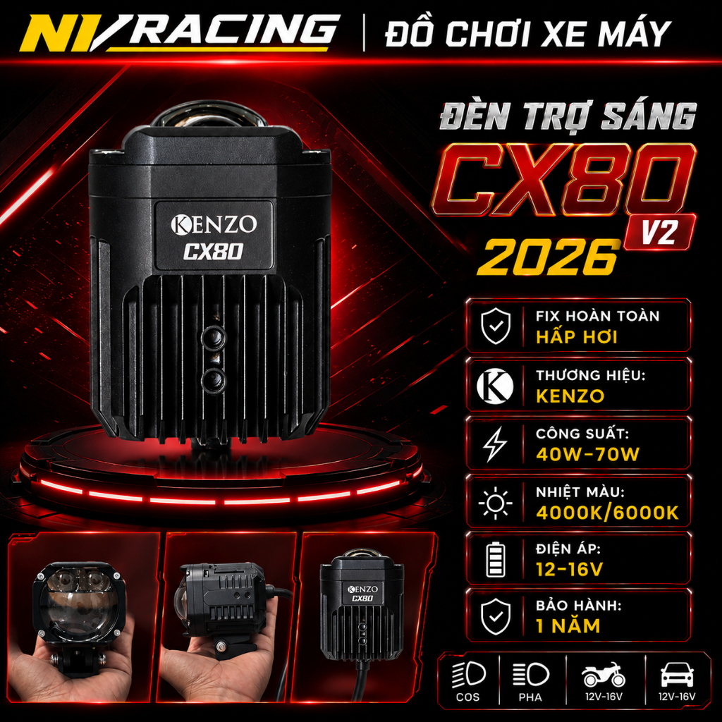 Kenzo CX80 2026 Đèn Bi Cầu Trợ Sáng Kenzo CX80 2026 70W Có Fan Tản Nhiệt Fix Hấp Hơi Nước - BH 1 Năm