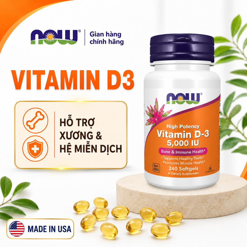 (đủ bill) Viên uống Vitamin D3 Now 1000IU / 2000IU / 5000IU / 10,000IU giúp xương chắc khỏe, tăng đề