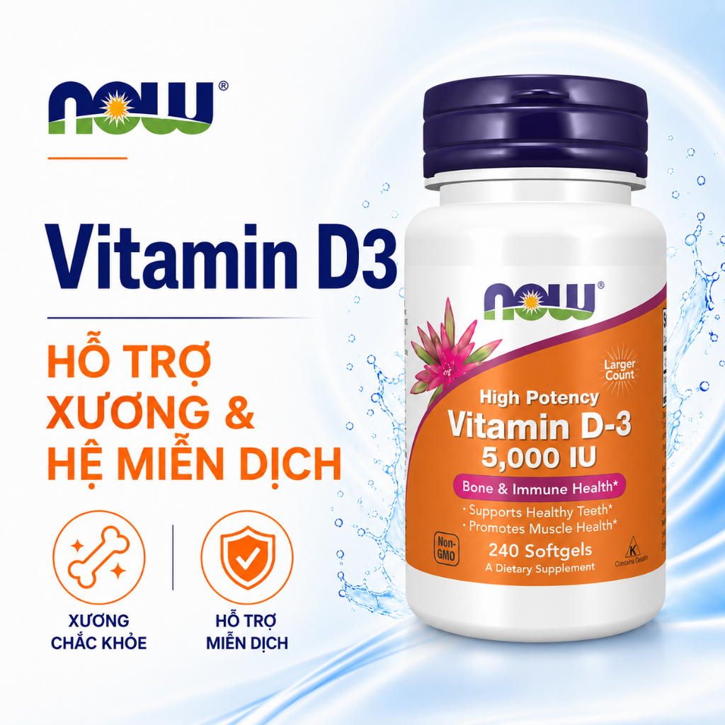 Viên uống Vitamin D3 Now 2000IU / 1000IU (Mỹ) tăng hấp thụ canxi giúp xương chắc khỏe, tăng đề kháng