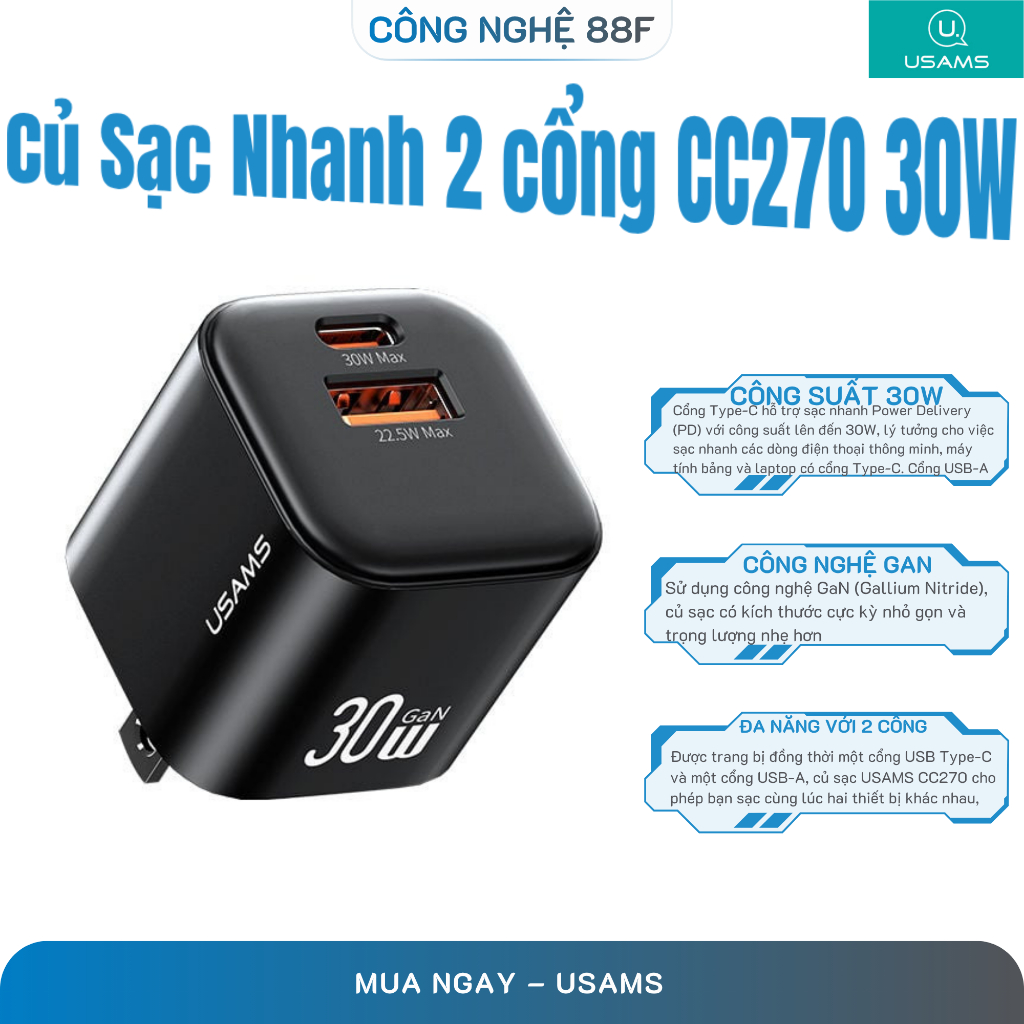 Củ Sạc Nhanh 2 cổng C+A USAMS CC270 30W GaN Charger