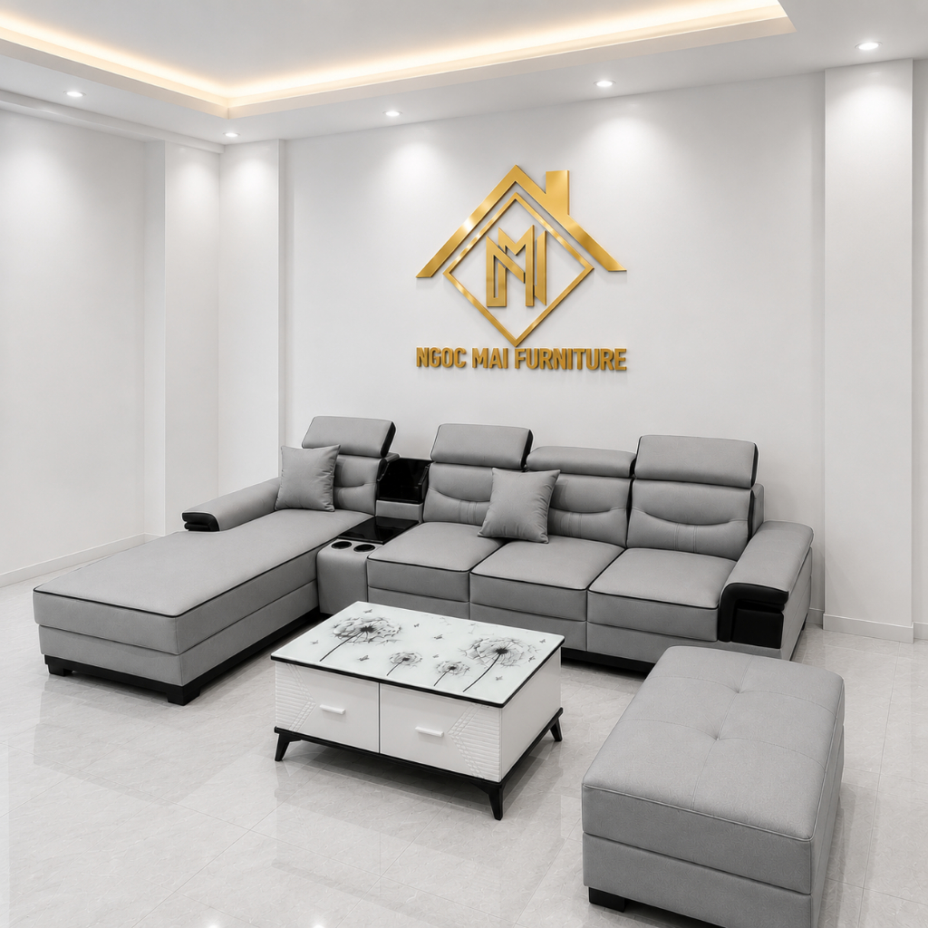 Sofa góc L 3m2 x 1m6 kèm đôn 80x60 + bàn kính sang trọng – Giá tốt tại xưởng