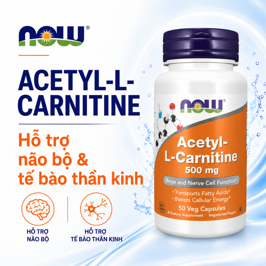 Viên uống Acetyl-L-Carnitine 500mg Now (Mỹ) hỗ trợ tăng tập trung, tạo năng lượng, chuyển hóa mỡ