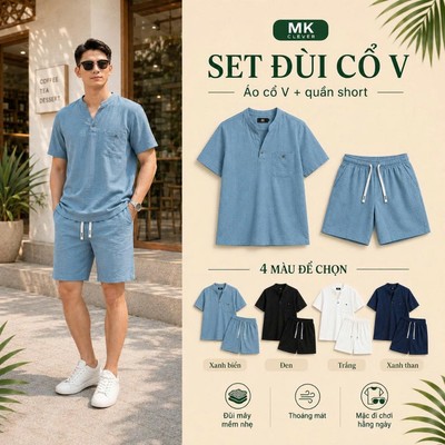 Set đồ bộ nam Đũi Cổ V MK CLEVER Chất vải đũi mây nhẹ, thoáng mát, co giãn, form thoải mái đi chơi, đi biển