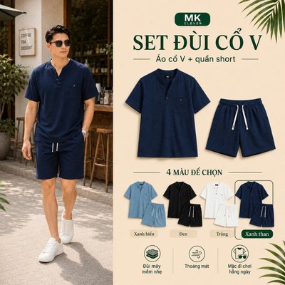 Đồ bộ nam cổ V MK CLEVER chất vải đũi mây nhẹ mát, thấm hút tốt, co giãn, thoải mái, đồ bộ nam lên dáng đẹp