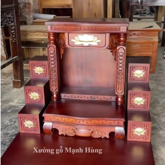 Bàn thờ thần tài, bàn thờ ông địa gỗ tràm, bàn thờ tài địa mẫu hoa Sen - Đồ gỗ Mạnh Hùng