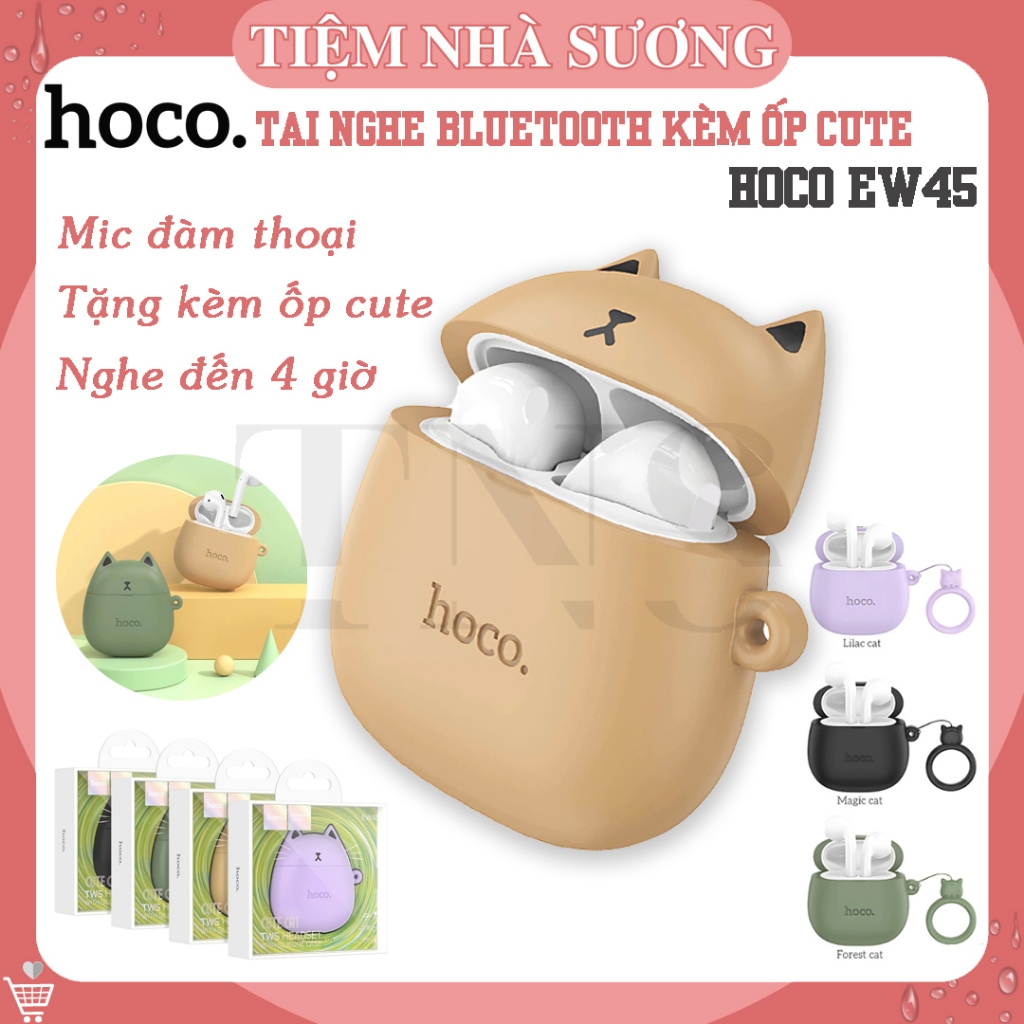 Tai nghe bluetooth Hoco EW45, Tai nghe kèm ốp mèo cute có mic đàm thoại, Bluetooth 5.3, Pin dùng liê