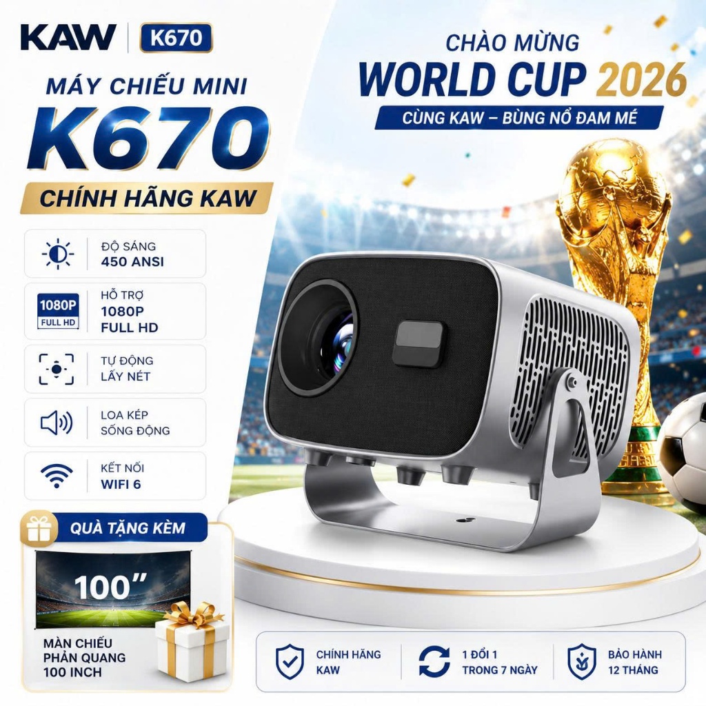 Máy Chiếu Mini K670 Siêu Nét Chính Hãng KAW Hỗ Trợ 4K Độ Phân Giải Cao, Kết Nối Wifi, Bluetooth Bảo Hành 12 Tháng