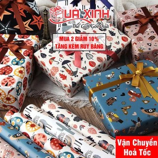 Combo 10 Tờ Giấy Gói Quà Tone Xanh ( TẶNG RUY BĂNG ) Cho Con Trai ( # GGQ - TÔNG XANH )