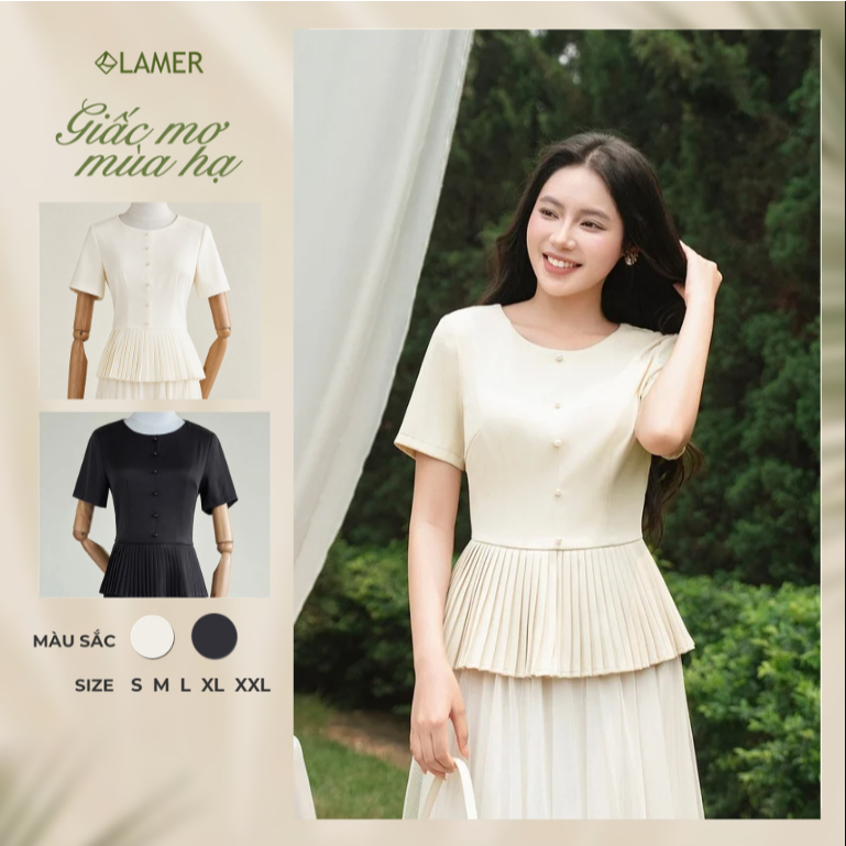 Áo Kiểu Nữ LAMER FASHION Dáng Peplum Cúc Ngọc Gấu Xòe Xếp Ly Công Sở GMMH O61B26H013