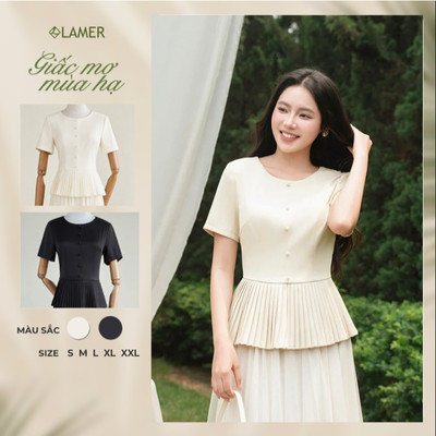 Áo Kiểu Nữ LAMER FASHION Dáng Peplum Cúc Ngọc Gấu Xòe Xếp Ly Công Sở GMMH O61B26H013