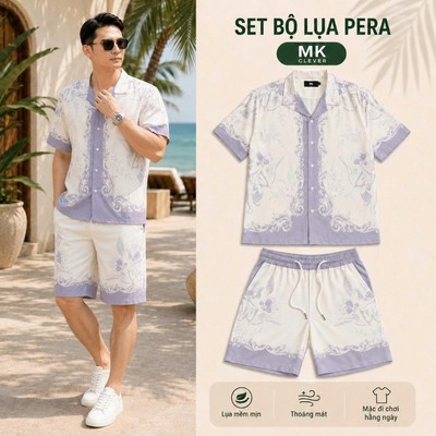 Đồ Bộ Nam Pera MK CLEVER chất lụa mịn mát, áo thiết kế cổ Cuban thoáng mát, co giãn, form dáng thoải mái, trẻ trung