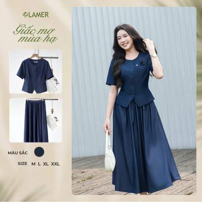 Áo Kiểu Nữ LAMER FASHION Cổ Tròn Đính Hoa Rời Phối Chân Váy Công Sở Xòe Xếp Ly Eo Thanh Lịch GMMH L65D26H012 L62L26Q005