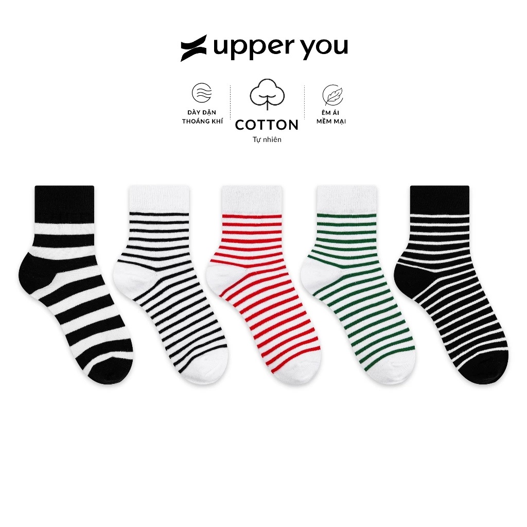 [Set 3 Đôi] Tất Vớ Cotton Nữ UPPER YOU Cổ Trung Nhiều Sọc Êm Ái Dày Dặn Thoáng Khí - BSF3005