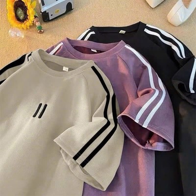 Áo Phông Form Rộng thêu 2 sọc trước ngực  Áo Thun Tay Lỡ Nam Nữ  Form Rộng Unisex Cotton khô thoáng mát thấm hút mồ hôi