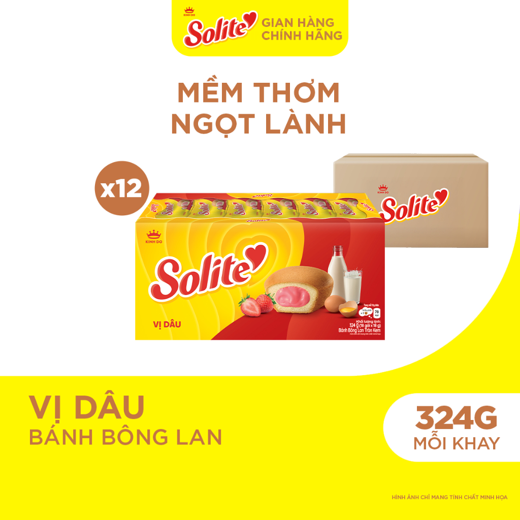 Thùng 12 Khay Bánh Bông Lan Solite Tròn Kem Vị Dâu 324g