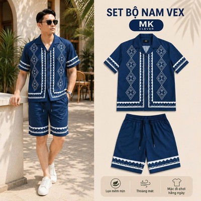 Đồ Bộ Nam VEX MK CLEVER lụa mịn mát, áo thiết kế cổ Cuban thoáng mát, co giãn, form dáng thoải mái, trẻ trung