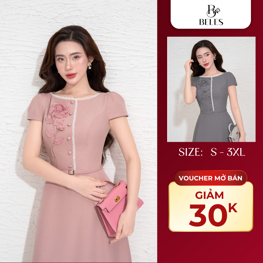 Đầm Xòe Cổ Thuyền Kê Ren Đính Hoa Voan Beles Thanh Lịch Tôn Dáng Đi Làm Đi Chơi V07-2509